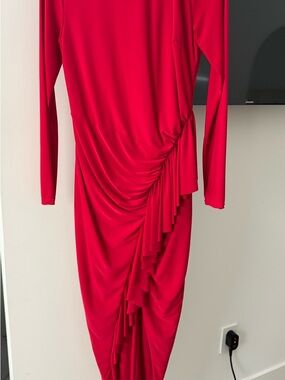 Club L Elegant Red Draped Long-Sleeve Women's Dress